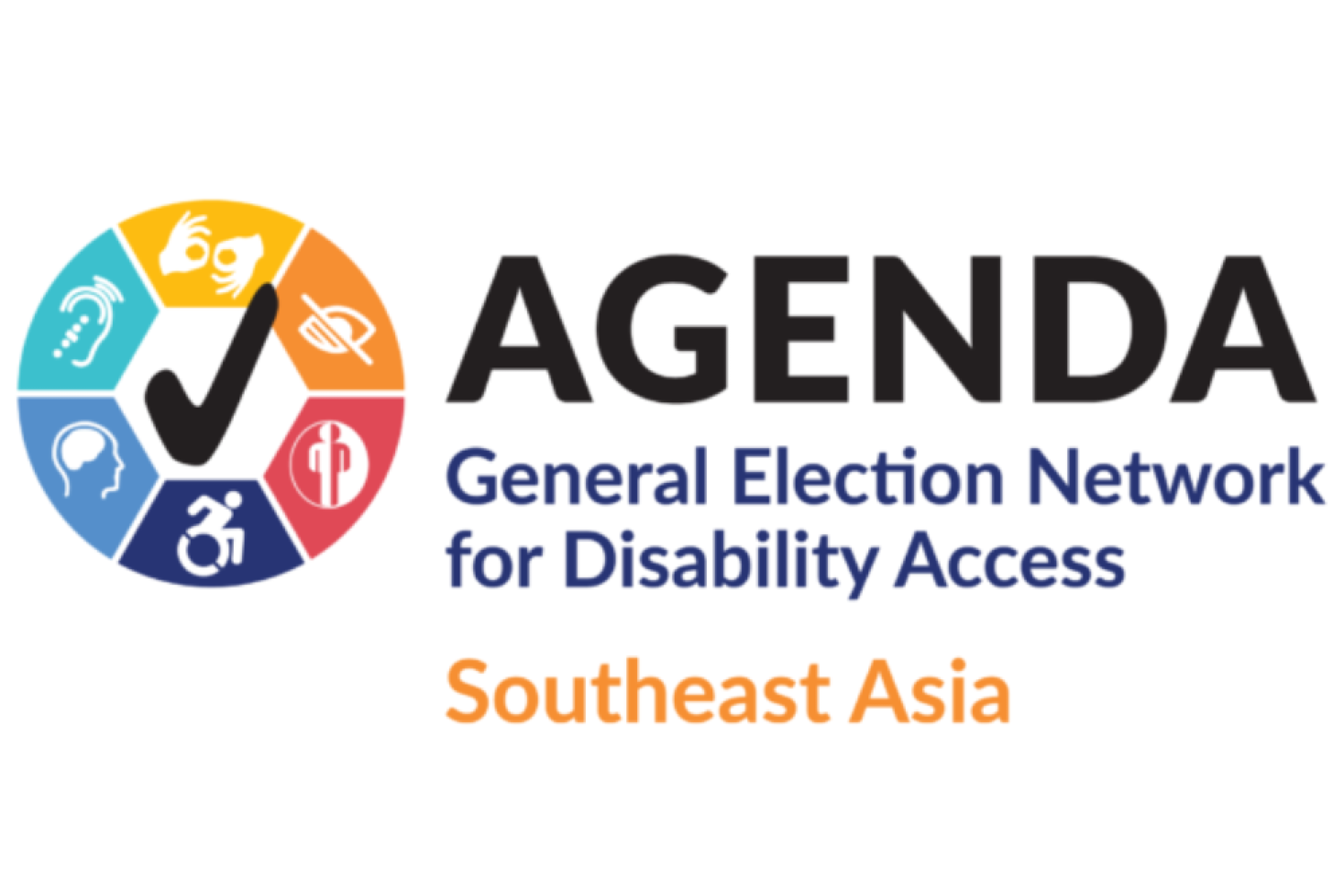AGENDA logo: a multicolor wheel with six small icons and a large checkmark in the middle. To the right of the wheel, black text reading, "AGENDA." Under that, navy blue text reading "General Election Network for Disability Access." Under that, orange text reading "Southeast Asia".