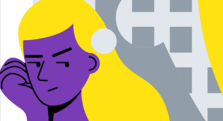 illustration of purple girl with blonde hair in front of raised  red fist