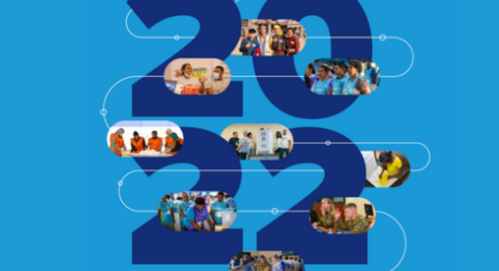 2022 in large blue letters with smaller images of various IFES projects against a light blue background